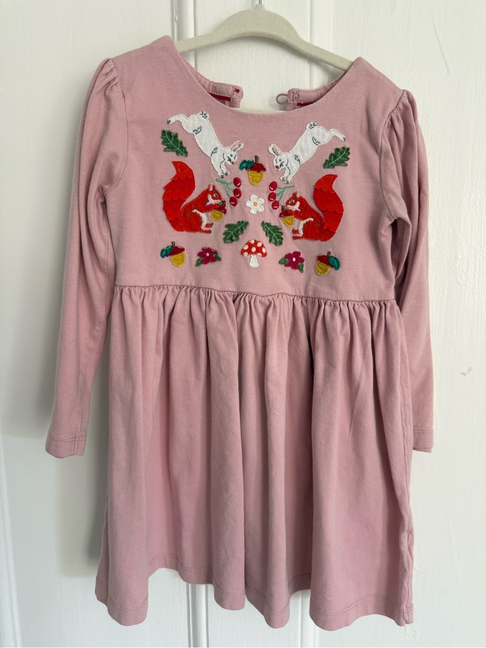 Mini Boden Pink Long-Sleeve Dress with Red Squirrel Embroidery